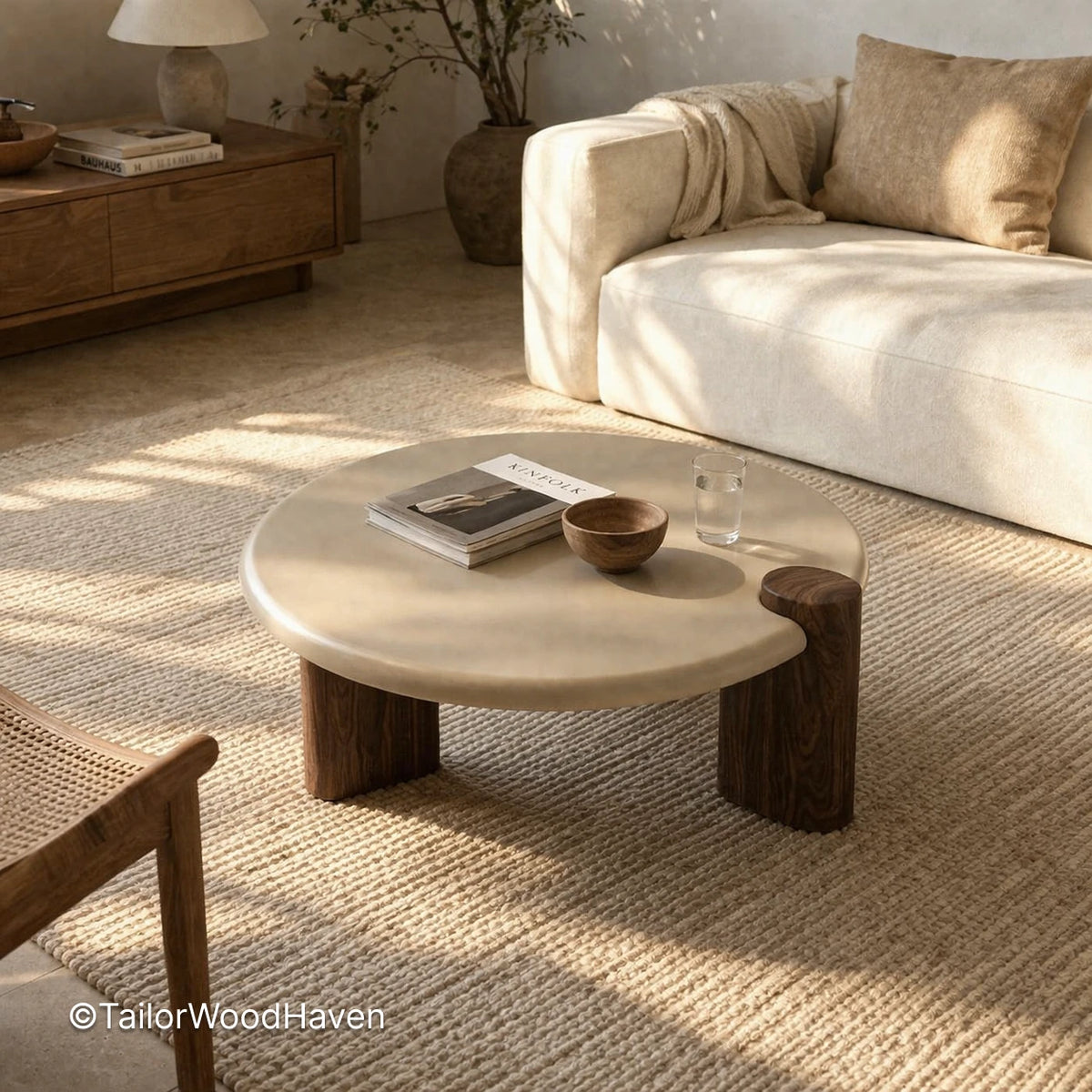 Solid wood round coffee table with white finish and simple design