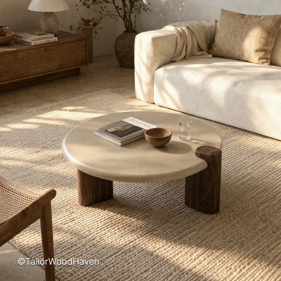 Solid wood round coffee table with white finish and simple design