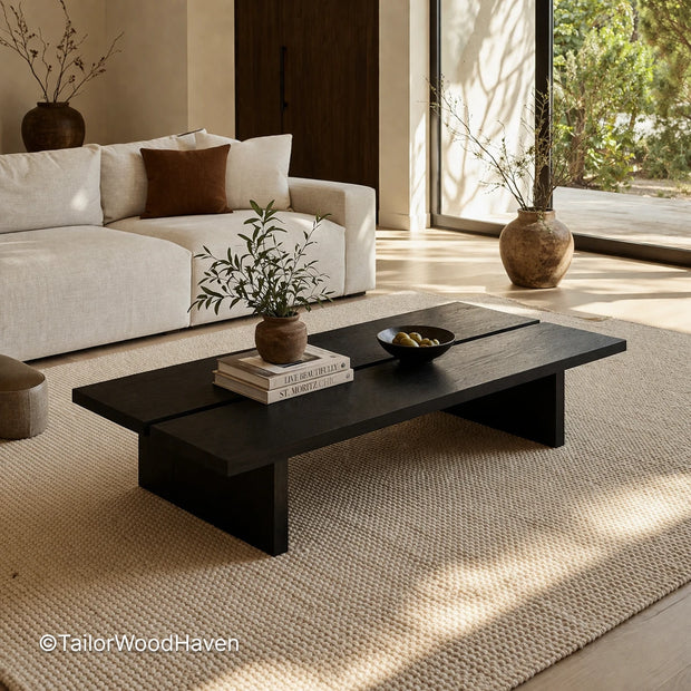 Solid wood rectangular coffee table with black finish and smooth surface