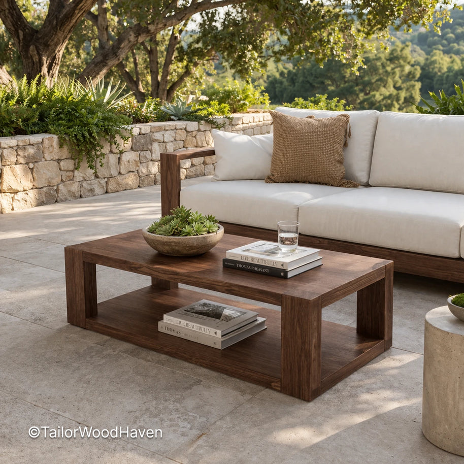 Solid wood rectangular coffee table with natural grain and clean structured design