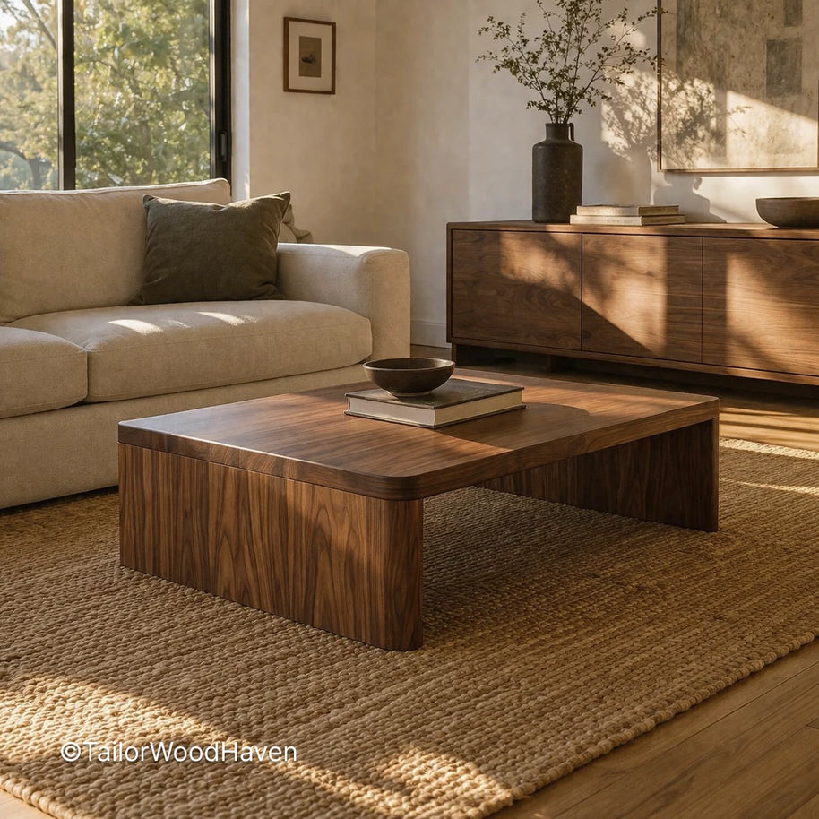 Solid wood square coffee table designed for everyday use with natural grain variation