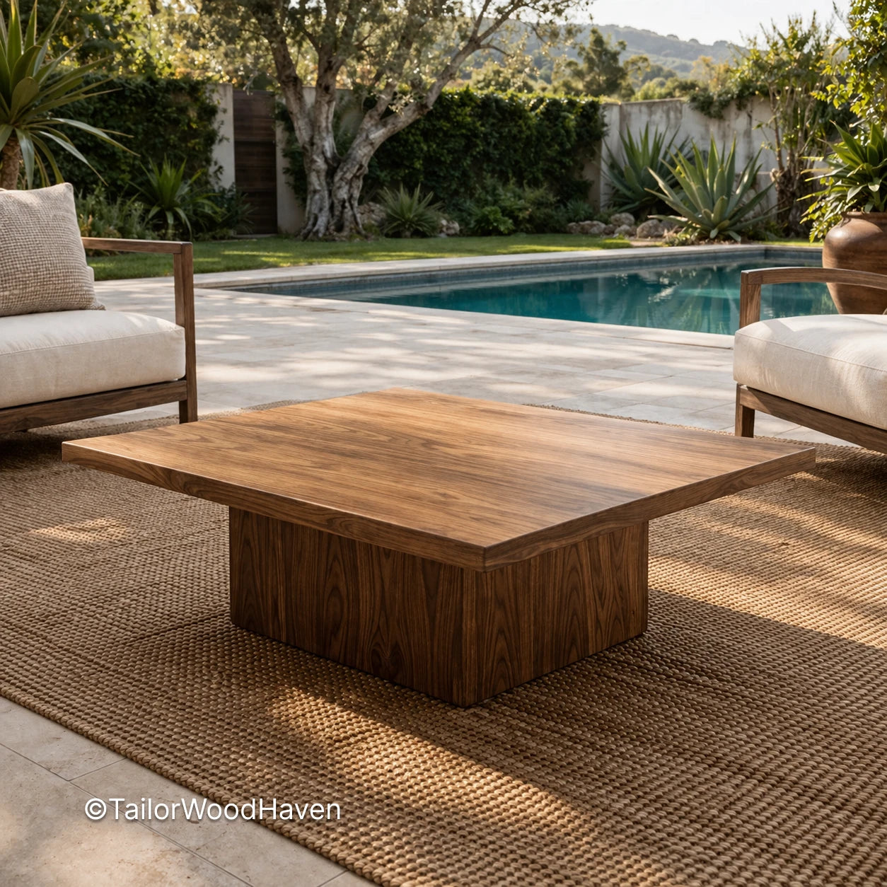 Minimal big square coffee table with wood finish and spacious tabletop