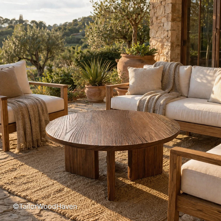 Solid wood rustic round coffee table with natural surface and simple design