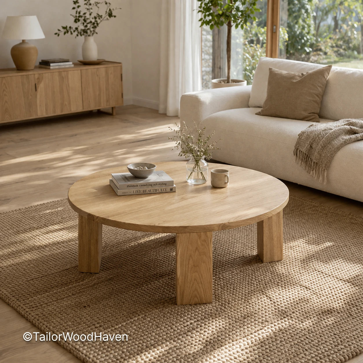 Oak wood round coffee table with natural variation and balanced shape