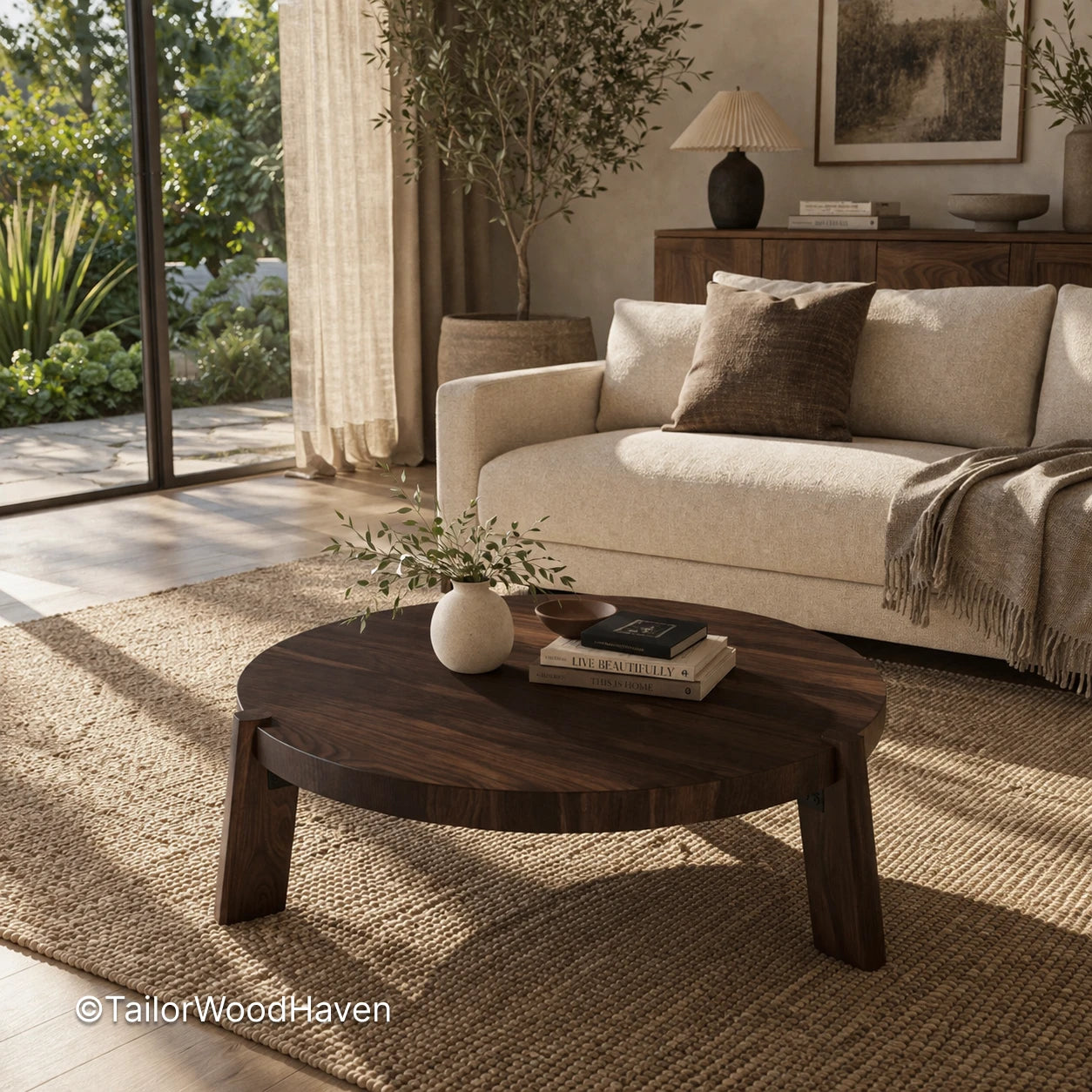 Round coffee table in dark wood finish with simple and grounded style