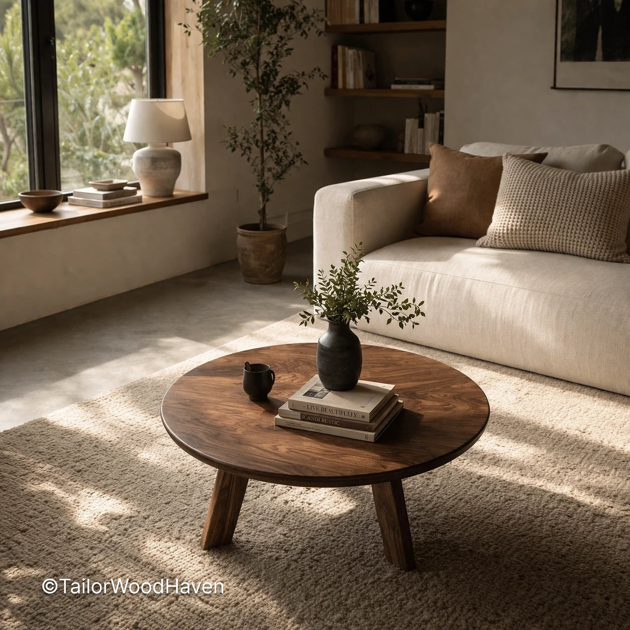 Circular rustic coffee table with simple design and natural wood finish