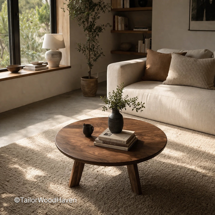 Circular rustic coffee table with simple design and natural wood finish