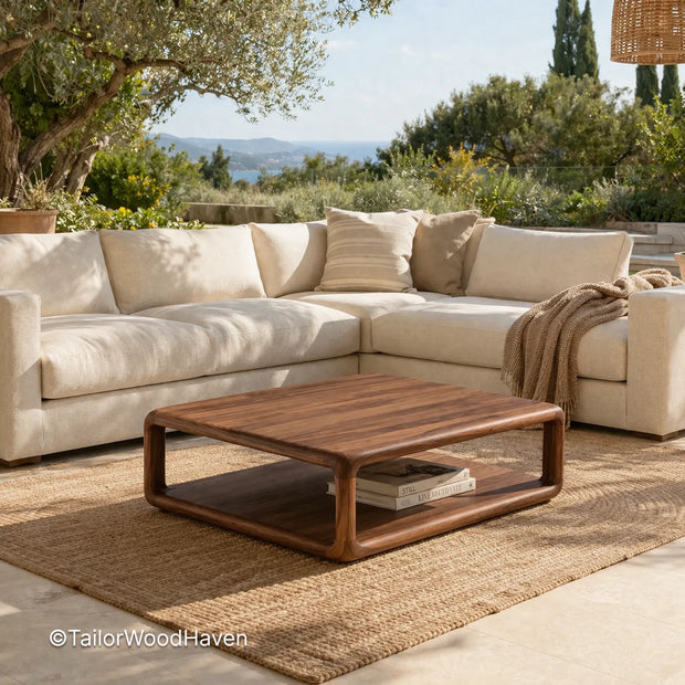 Square wood coffee table with natural grain and clean structured design