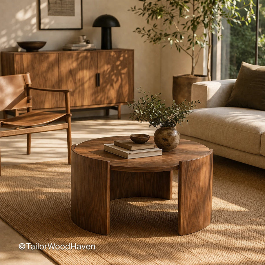Round wooden table designed for living room use with smooth surface