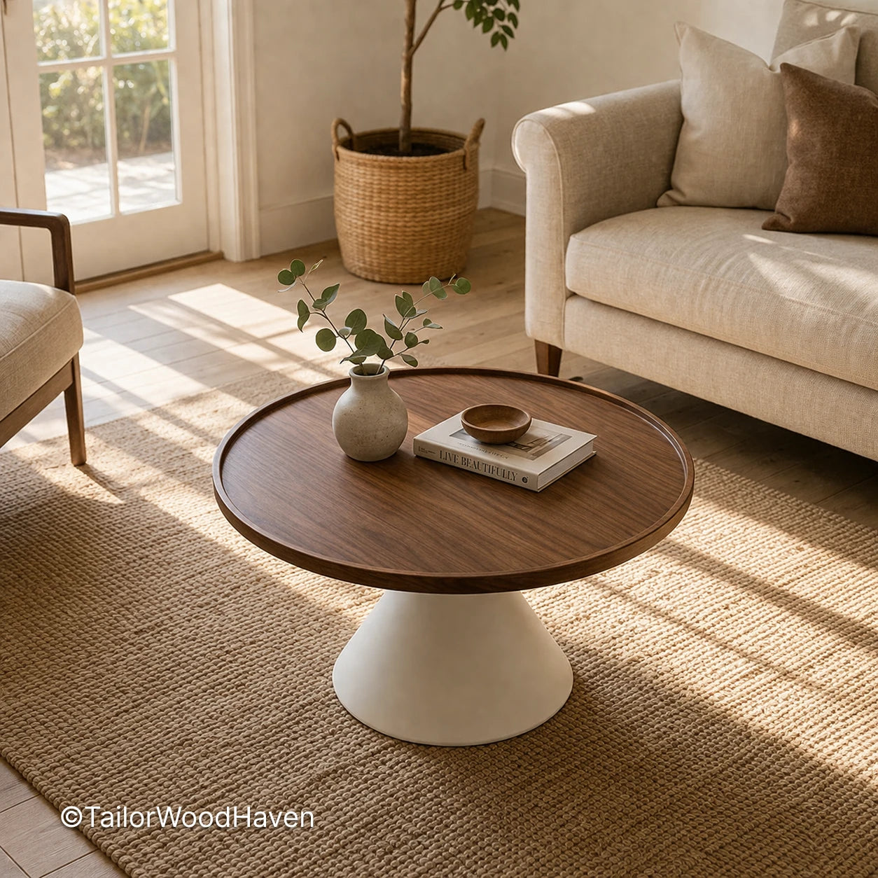 Oversized circular coffee table with smooth surface and simple modern style