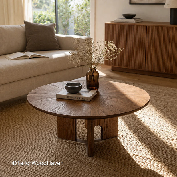 Brown round coffee table with solid wood construction and smooth surface