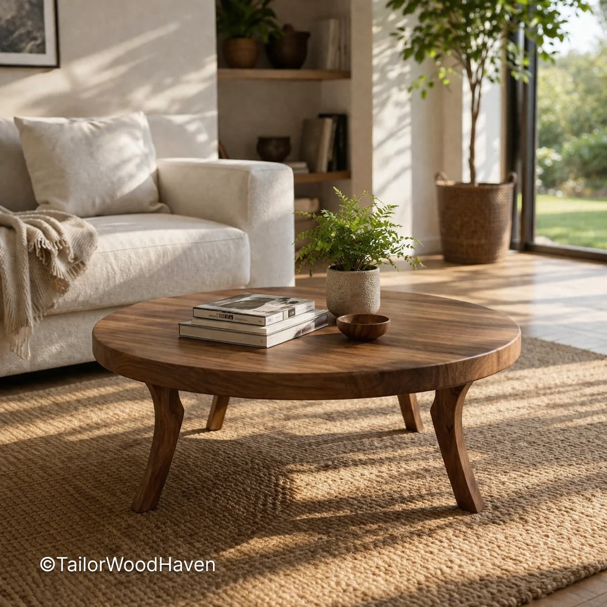 Circular table for sitting room with solid wood construction and balanced proportions