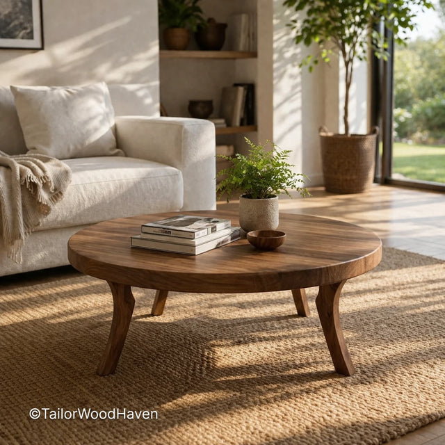 Circular table for sitting room with solid wood construction and balanced proportions