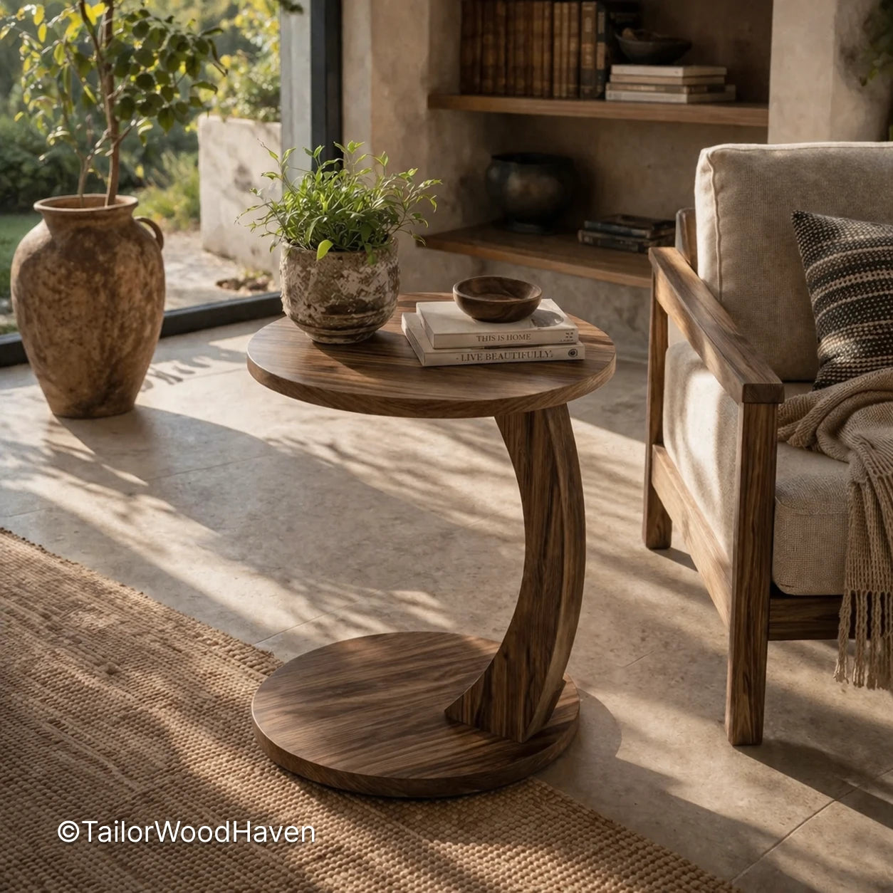 Small wooden round coffee table designed for tight living spaces
