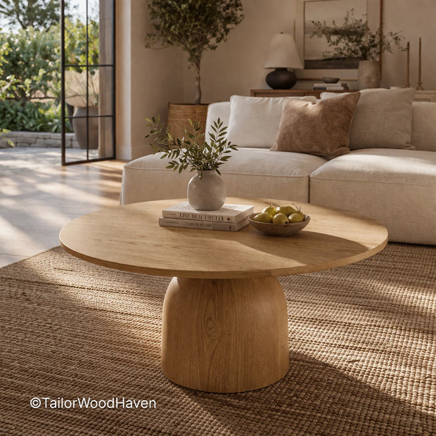 Minimal white round coffee table with balanced proportions and solid wood construction