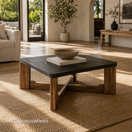 Dark wood living room coffee table with clean edges and balanced design