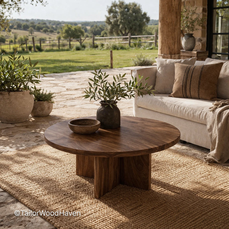 Rustic farmhouse round coffee table with durable surface and stable build