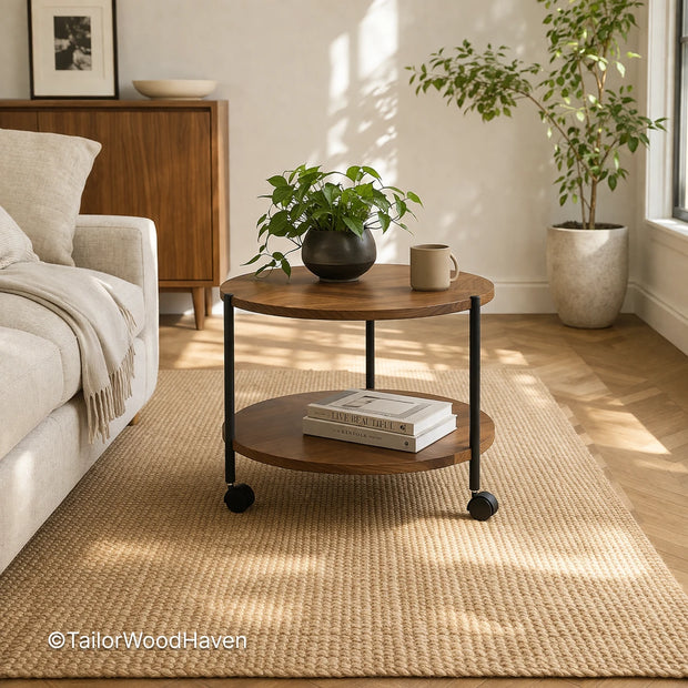 Mobile coffee table with built-in wheels and solid wood construction