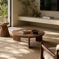 Oversized circular coffee table with solid wood construction and balanced proportions