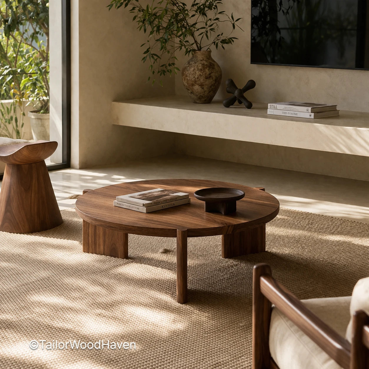 Oversized circular coffee table with solid wood construction and balanced proportions
