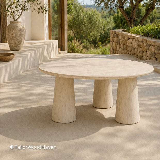 White round outdoor coffee table made of solid wood with a smooth surface and clean design
