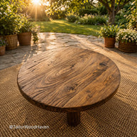 Small round outdoor coffee table made of solid wood with a compact smooth surface