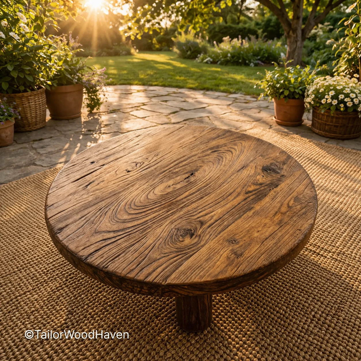 Small round outdoor coffee table made of solid wood with a compact smooth surface