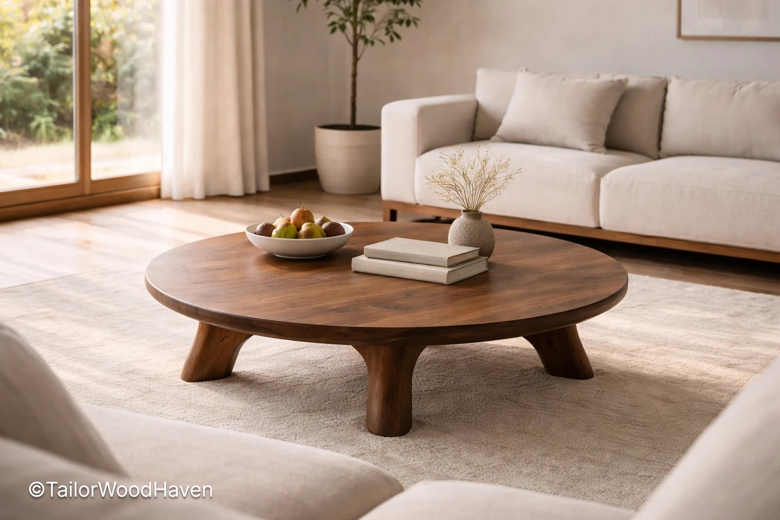 Wooden oval coffee table in solid wood with natural grain and smooth surface