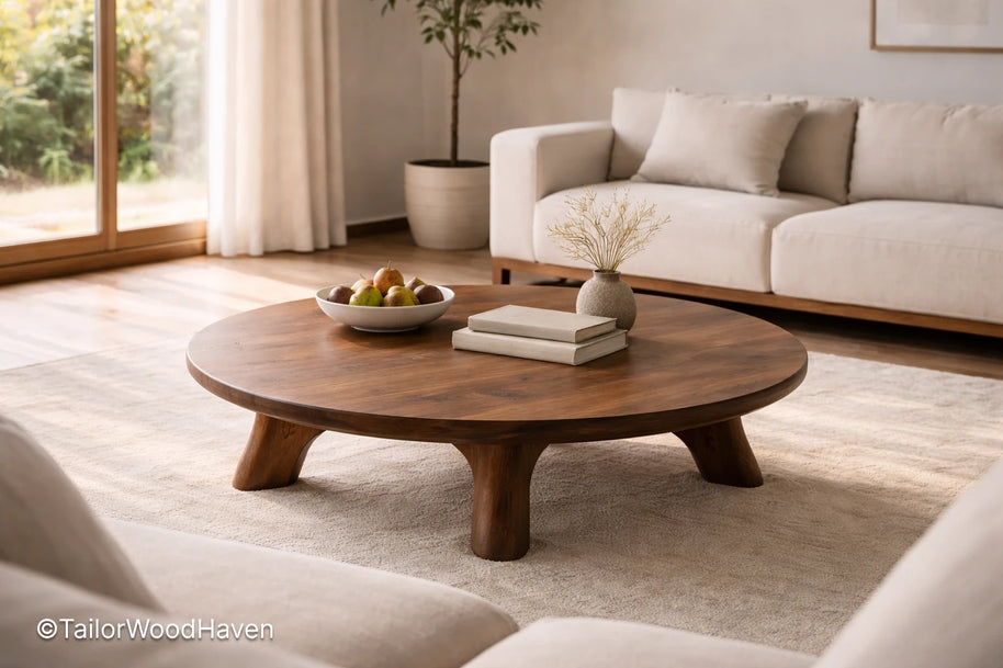Wooden oval coffee table in solid wood with natural grain and smooth surface