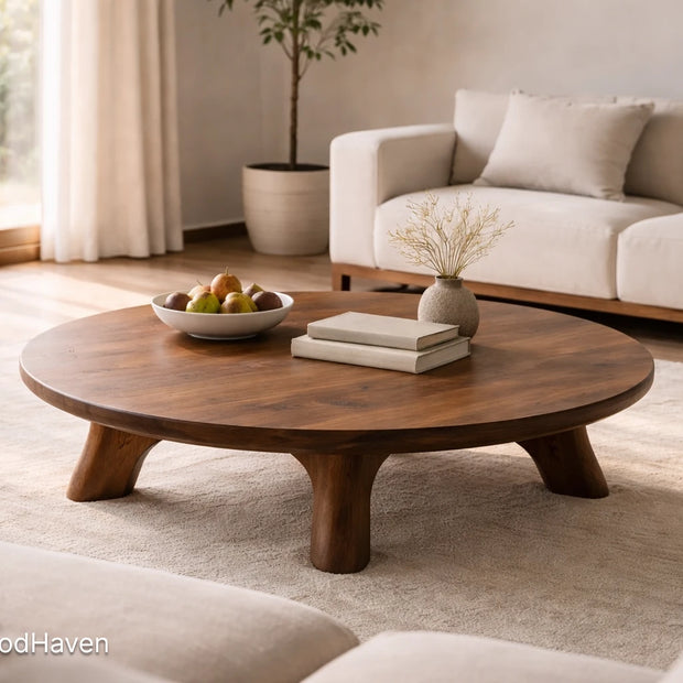 Wooden oval coffee table in solid wood with natural grain and smooth surface