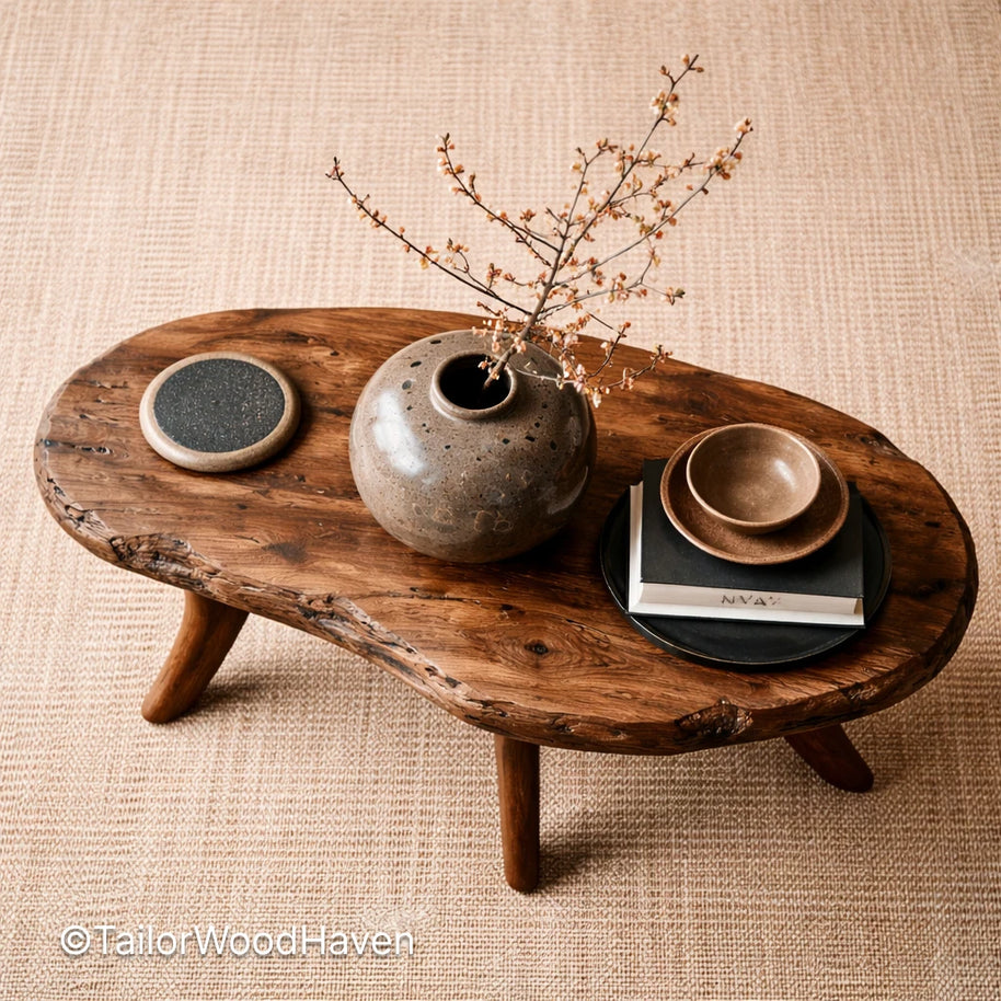 Mid century modern oval coffee table in live edge wood with clean lines and smooth surface