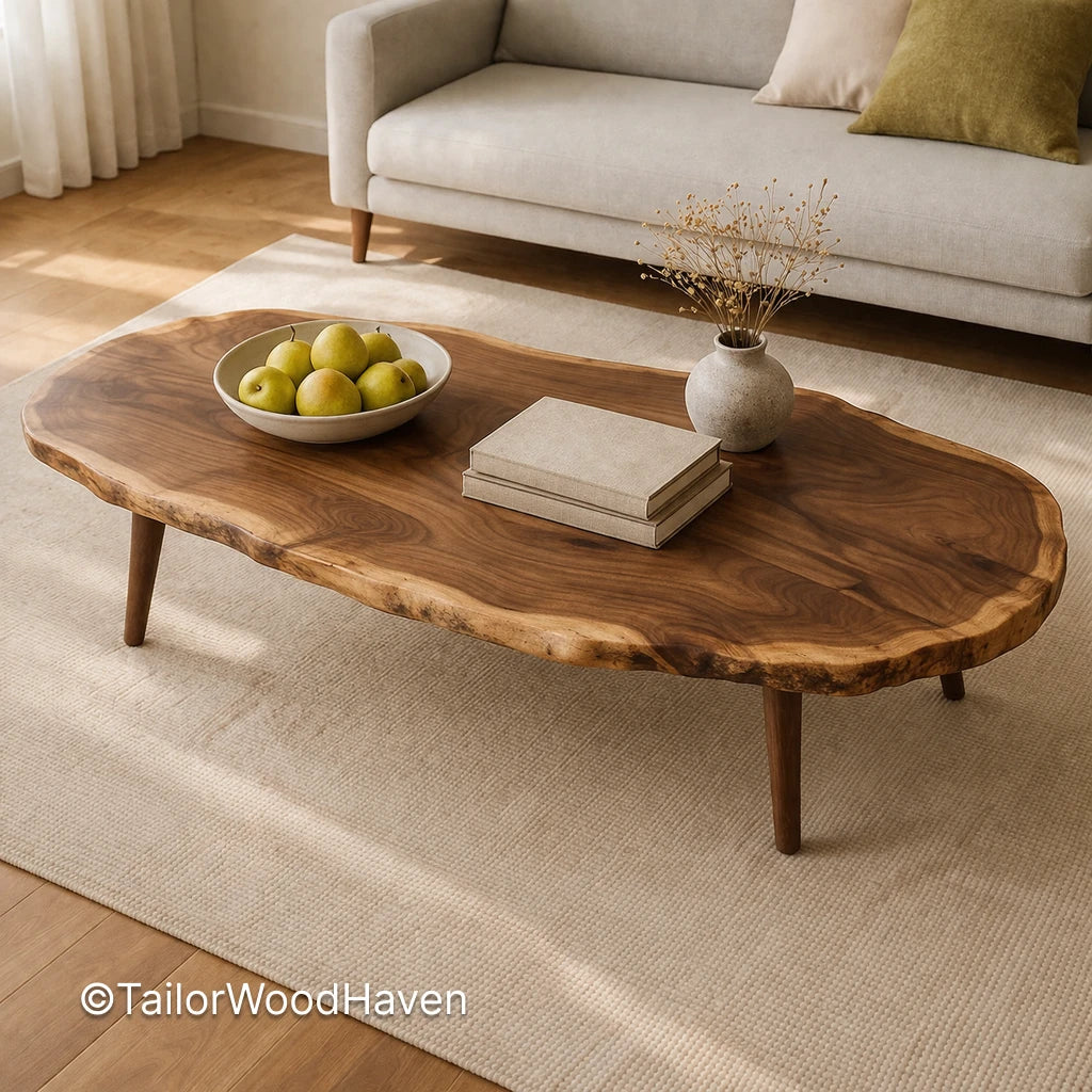 Solid wood contemporary oval coffee table with clean edges and balanced shape