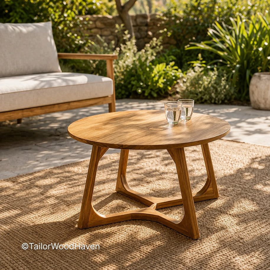 Natural wood outdoor coffee table with balanced proportions and durable build
