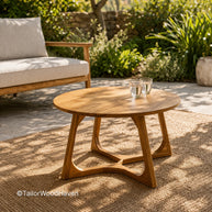 Natural wood outdoor coffee table with balanced proportions and durable build