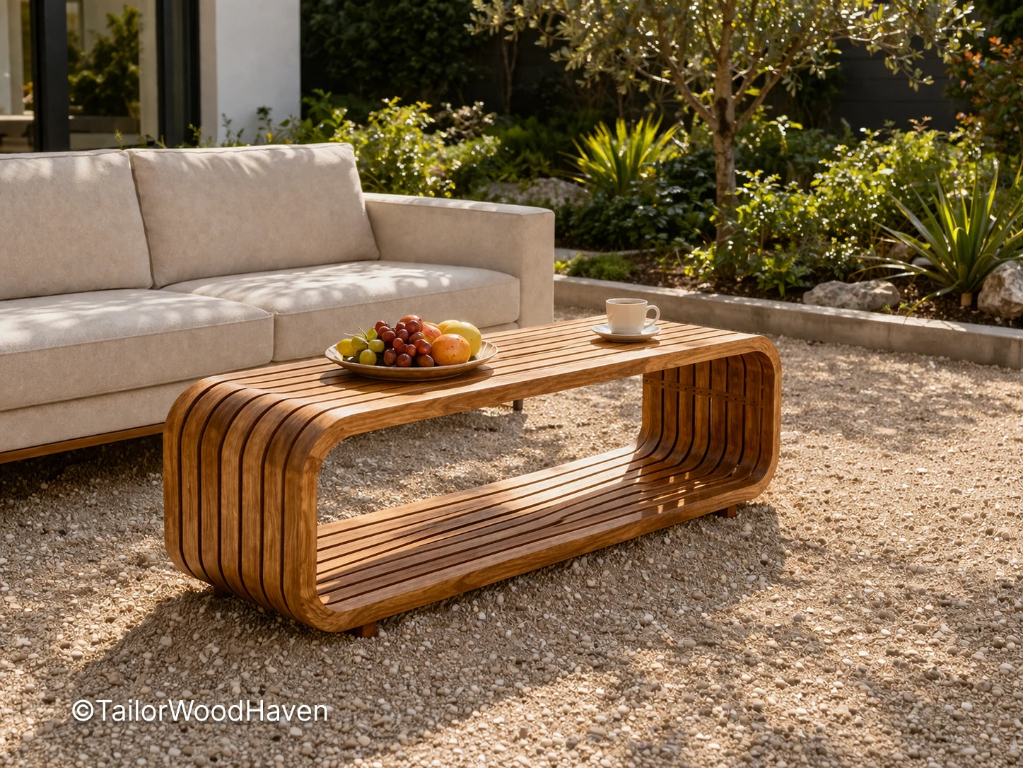 Modern outdoor coffee table made of solid wood with a smooth surface and minimal design