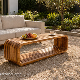 Modern outdoor coffee table made of solid wood with a smooth surface and minimal design