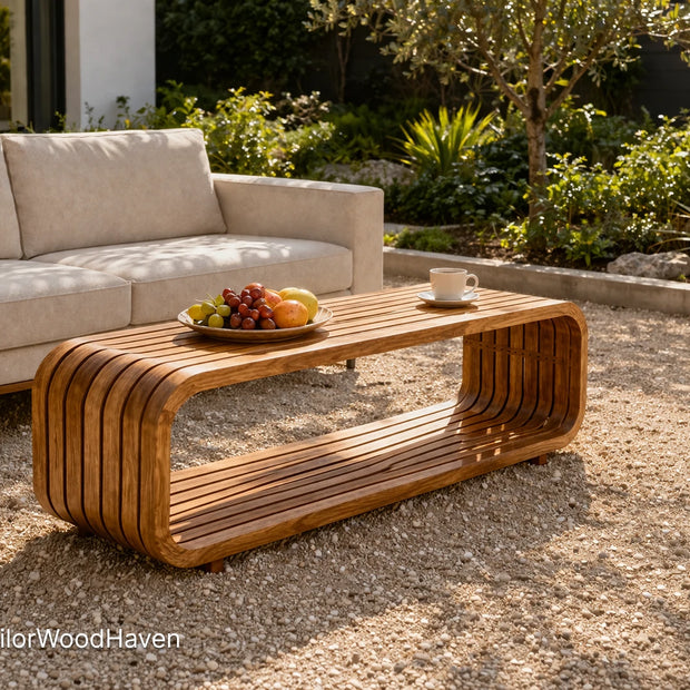 Modern outdoor coffee table made of solid wood with a smooth surface and minimal design