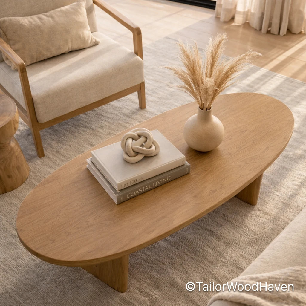 Light wood oval coffee table with smooth surface and minimalist design