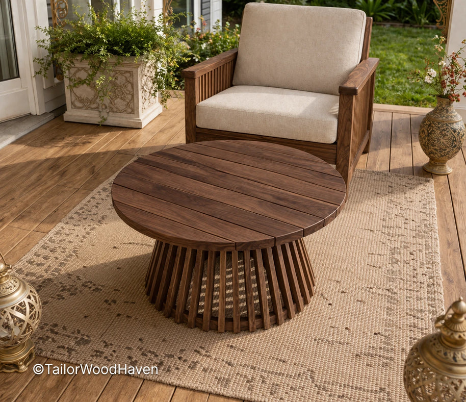 Round outdoor coffee table made of solid wood with a smooth surface and balanced design