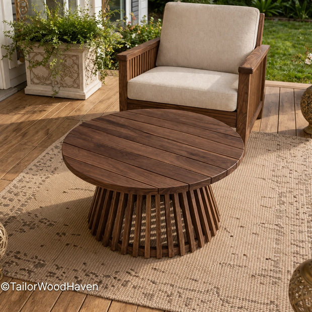 Round outdoor coffee table made of solid wood with a smooth surface and balanced design