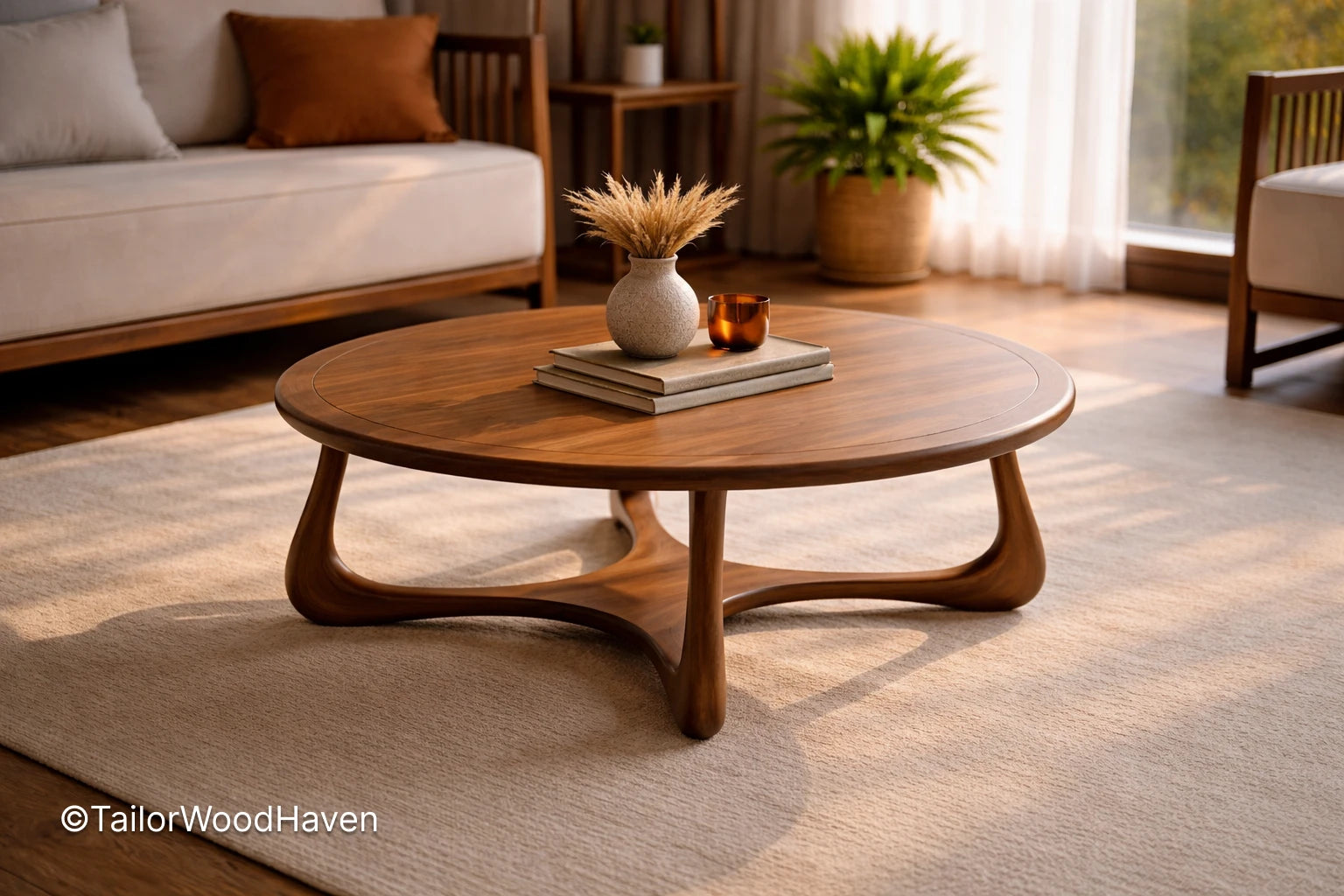 Brown oval coffee table in solid wood with smooth surface and warm tone
