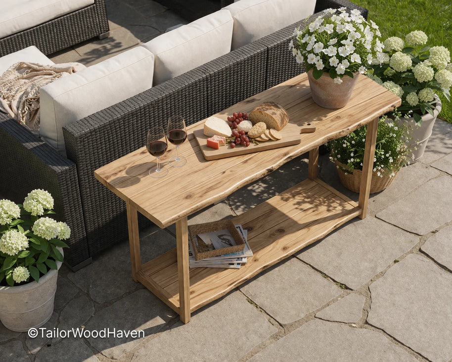 Narrow outdoor coffee table made of solid wood with a slim design and smooth surface