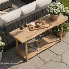 Narrow outdoor coffee table made of solid wood with a slim design and smooth surface
