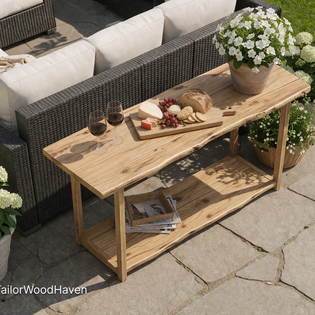 Narrow outdoor coffee table made of solid wood with a slim design and smooth surface