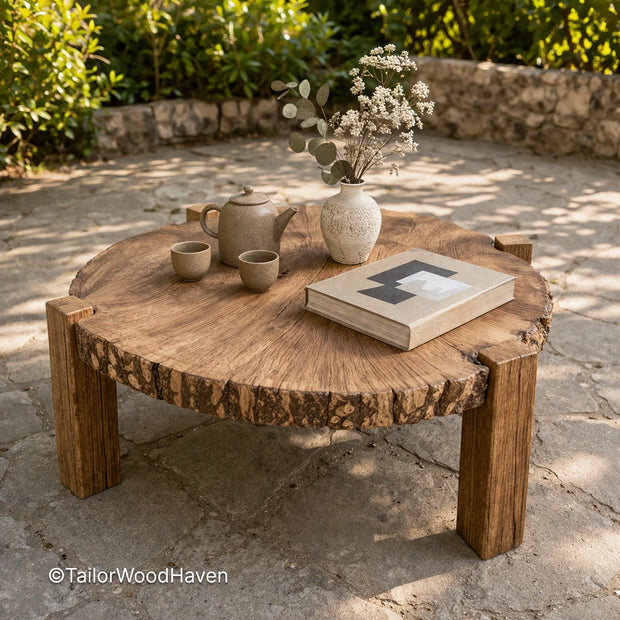 Large round outdoor coffee table made of solid wood with a wide smooth surface