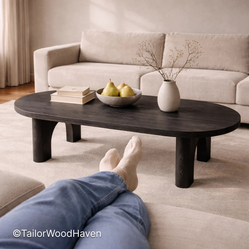 Solid wood oval coffee table with natural grain and smooth surface