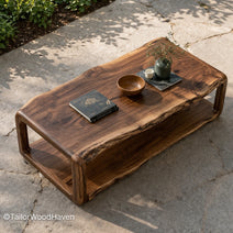Square outdoor coffee table made of solid wood with a smooth surface and structured design