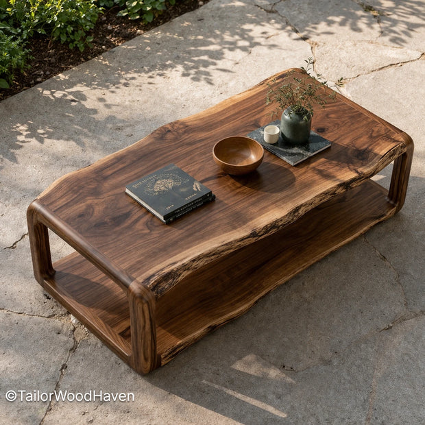 Square outdoor coffee table made of solid wood with a smooth surface and structured design