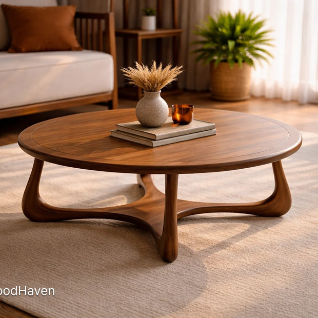 Mid century oval coffee table in solid wood with clean lines and smooth surface