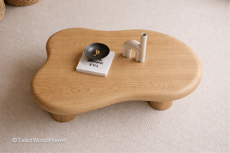 Small oval wooden coffee table with decorative items on a beige carpet, featuring the brand 'Tailor Wood Haven'.